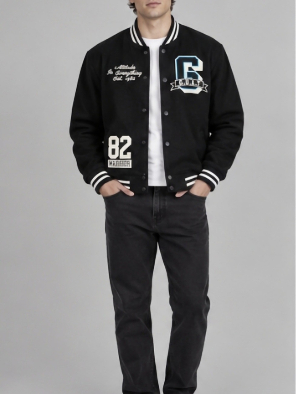 Black Varsity Sweater with Lettering and Patch